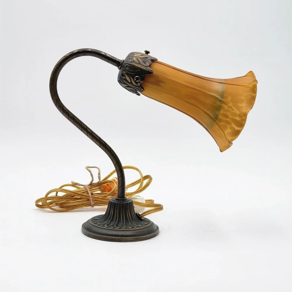 Vintage Art Nouveau Table Lamp Amber Slag Glass Shade Gooseneck Accent Light